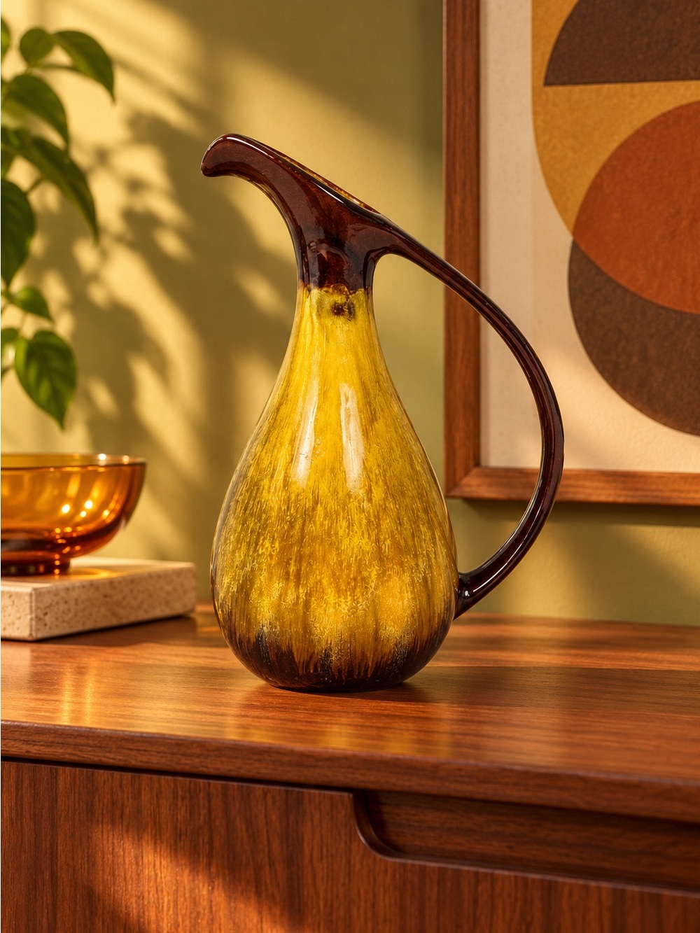 Vintage Blue mountain pottery tall sleek brown gold mid century pitcher vase Jug